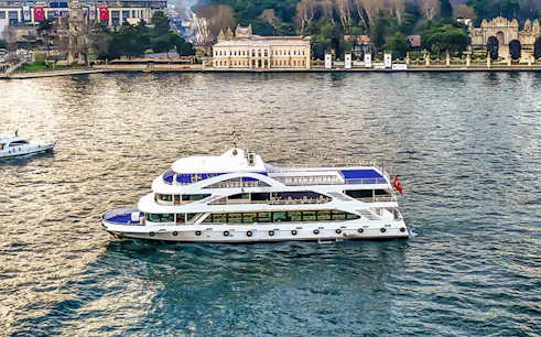 Bosphorus cruise ship sailing near historic Istanbul waterfront.