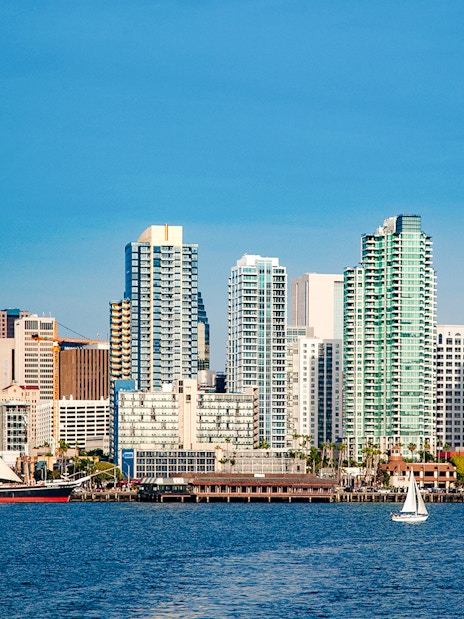 San Diego skyline with sailboats on the bay during Best of the Bay Harbor Tour.