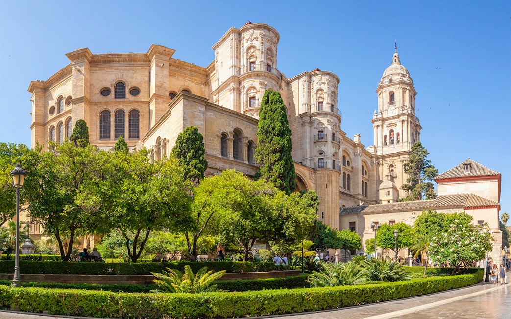 Malaga Cathedral with gardens in Andalusia, Spain.