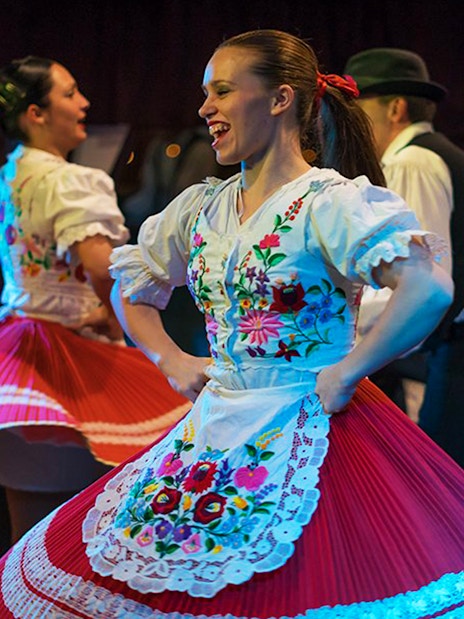 Folk dancers performing in traditional attire during a Budapest dinner cruise.