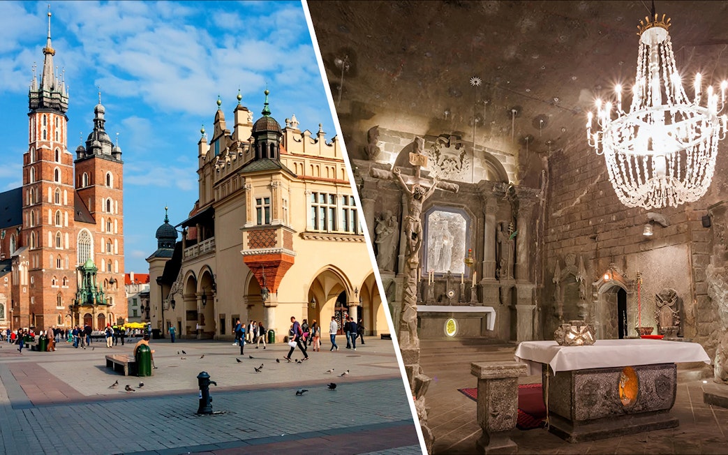Krakow Main Square and Wieliczka Salt Mine Chapel, Poland.