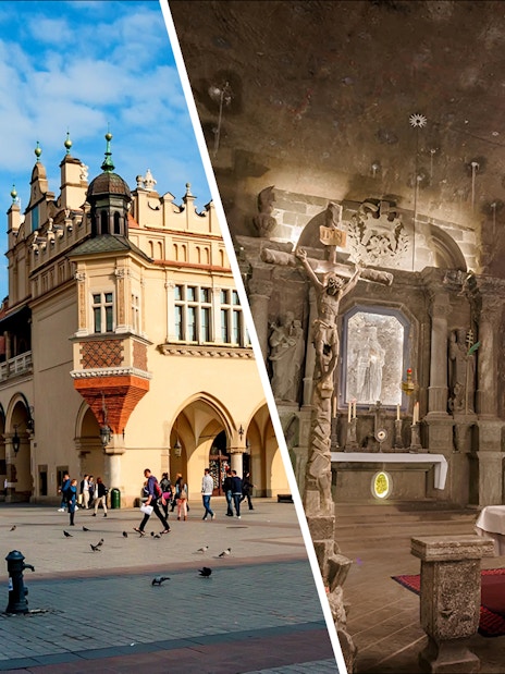 Krakow Main Square and Wieliczka Salt Mine Chapel, Poland.