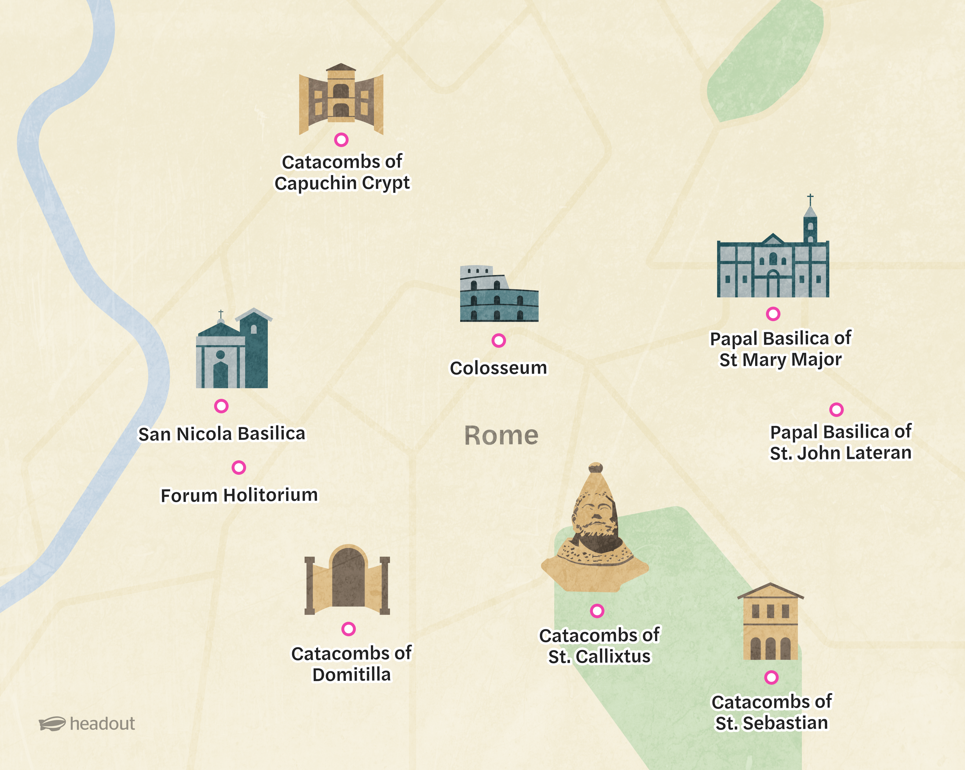 Roman catacombs with nearby landmarks