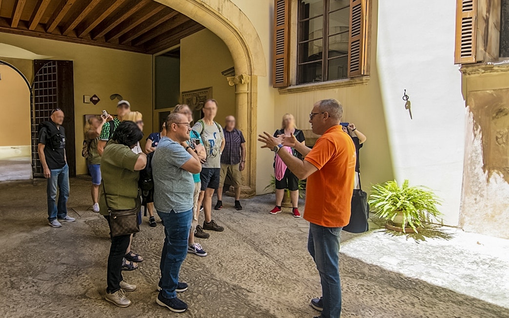 Tour group listening to a guide at Palma Cathedral entrance.