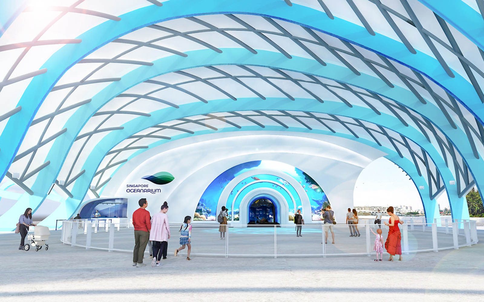 Visitors entering the Singapore Oceanarium under a modern, blue-arched structure.
