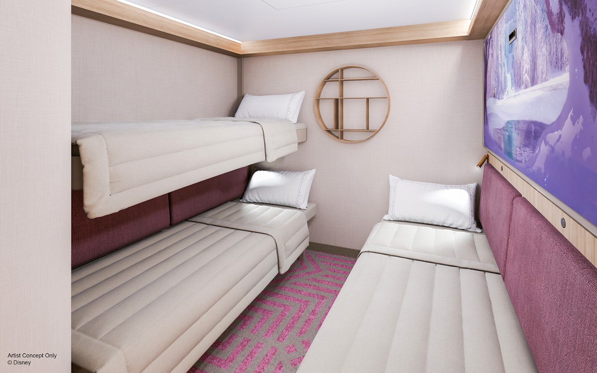 Inside stateroom with bunk beds and reef-themed decor on Disney Adventure Cruise.