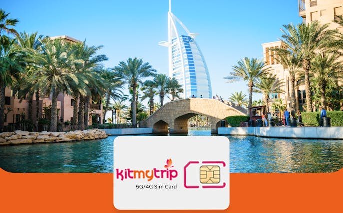 5G/4G Tourist SIM Card for UAE with Burj Al Arab in background.