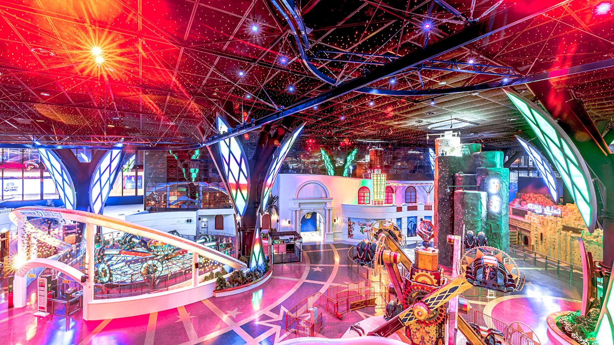 Indoor rides and attractions at Doha Quest Theme Park, Qatar.