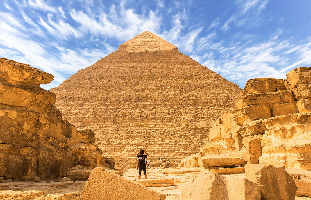 Man viewing the Great Pyramid of Giza in Egypt.