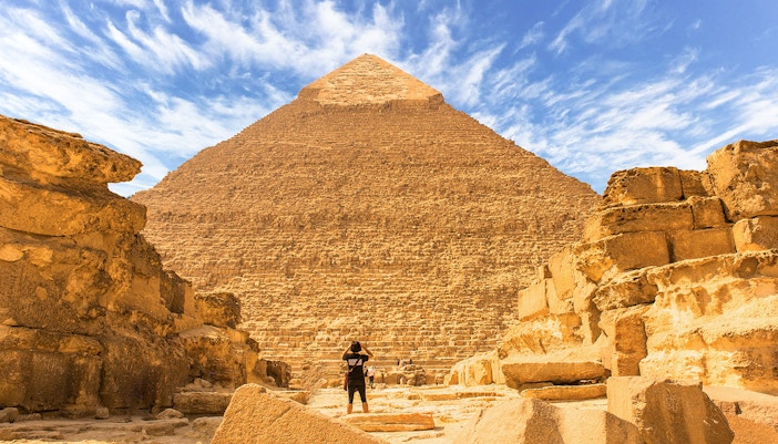 Man viewing the Great Pyramid of Giza in Egypt.