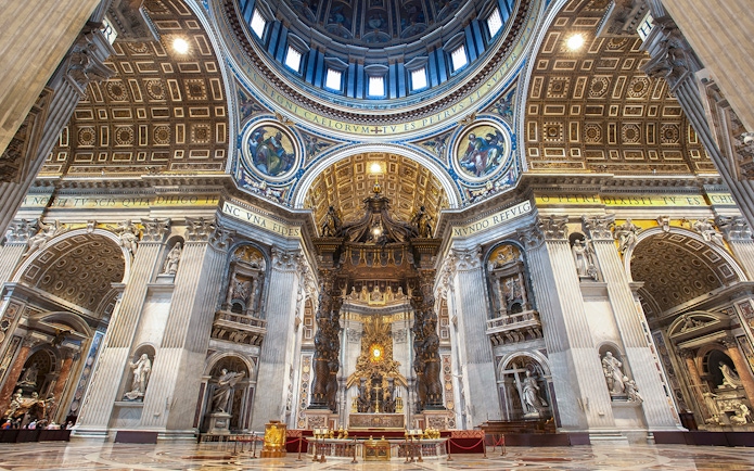 Bernini's Baldacchino under St. Peter's Basilica dome, Vatican City.