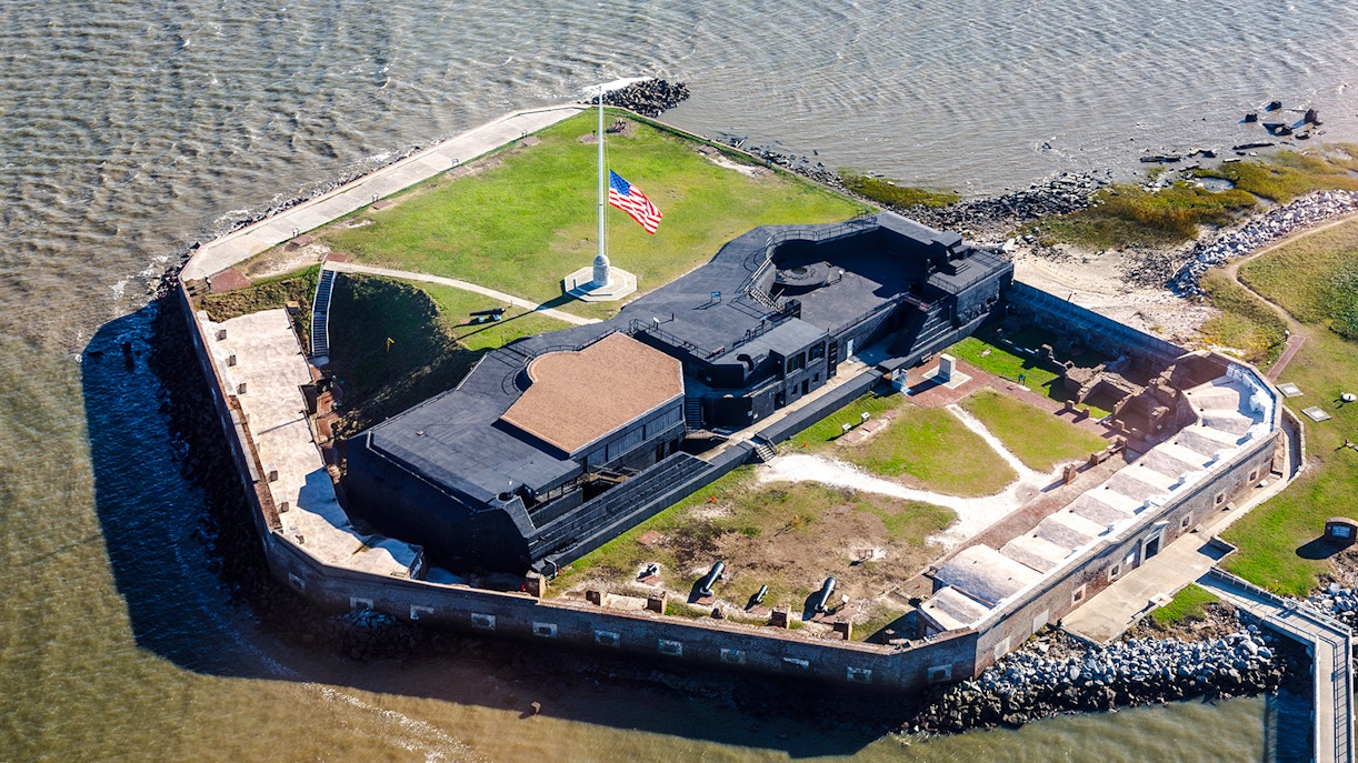 Aerial view of Fort Sumter National Monument in Charleston Harbor, South Carolina.