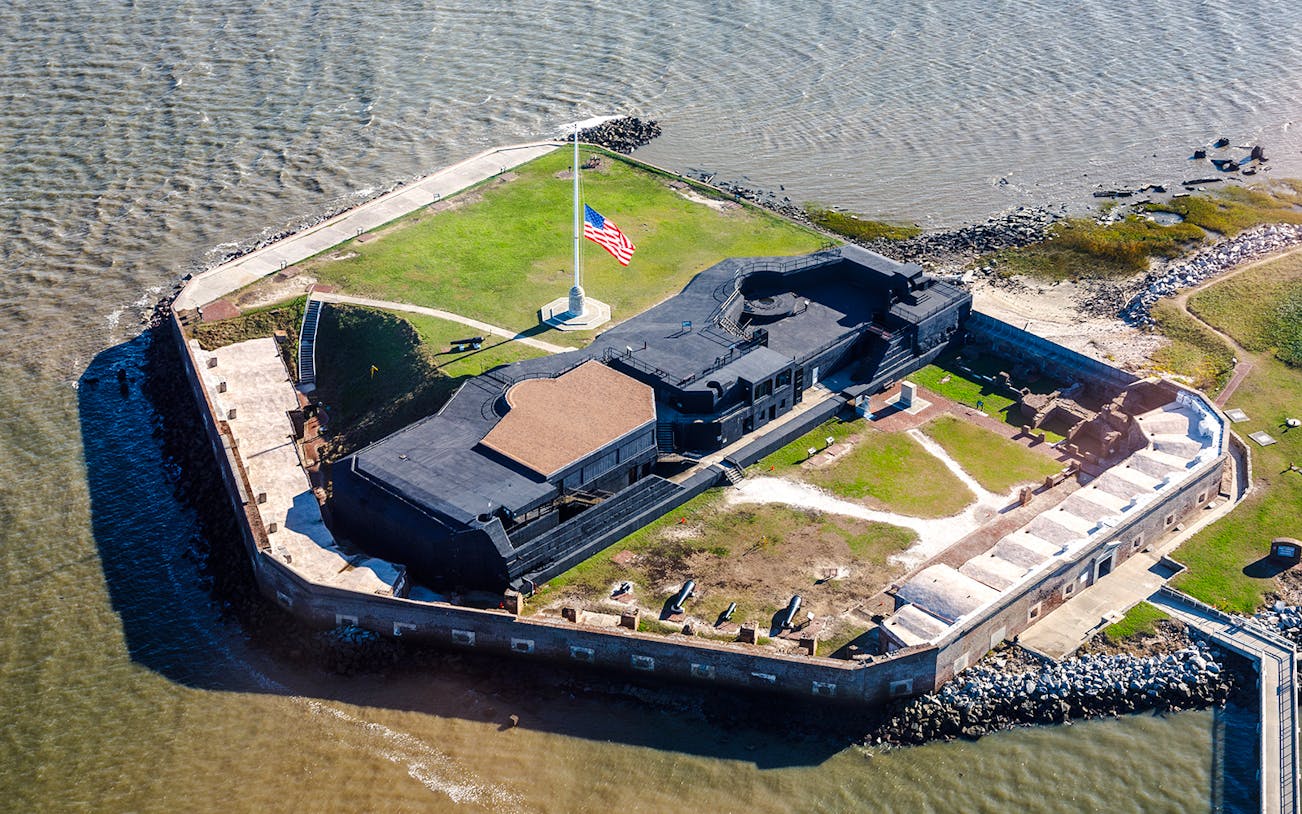 Aerial view of Fort Sumter National Monument in Charleston Harbor, South Carolina.