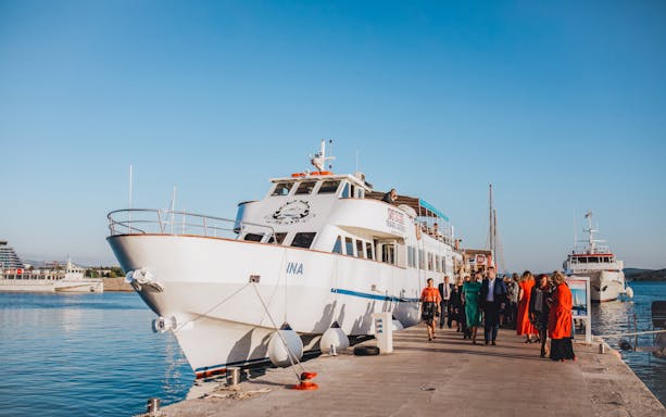 Boat at Vodice port preparing for a tour to Telašćica and Kornati National Parks.