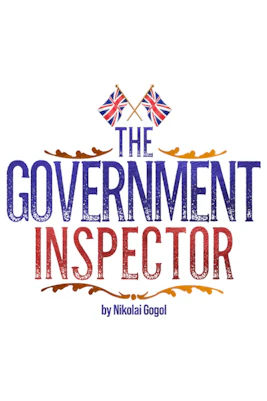 Theater stage with actors performing "The Government Inspector" play in London.