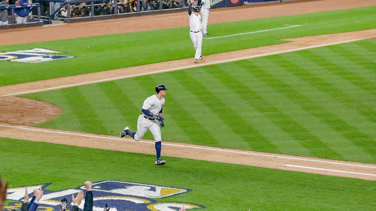 Baseball player runs bases during New York Yankees vs Milwaukee Brewers game, September 8, 2023.