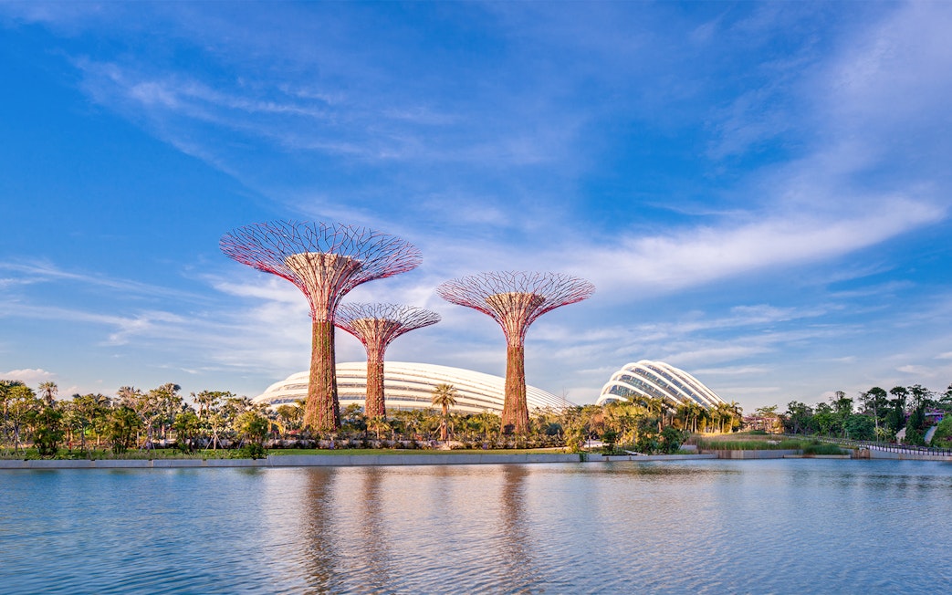 Supertree Grove at Gardens by the Bay with Marina Bay Sands in the background, Singapore.