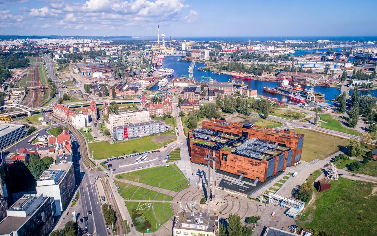 Aerial view of the European Solidarity Centre and Gdańsk shipyard in Poland.