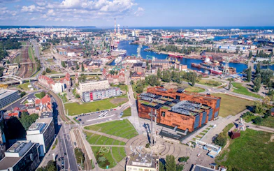 Aerial view of the European Solidarity Centre and Gdańsk shipyard in Poland.