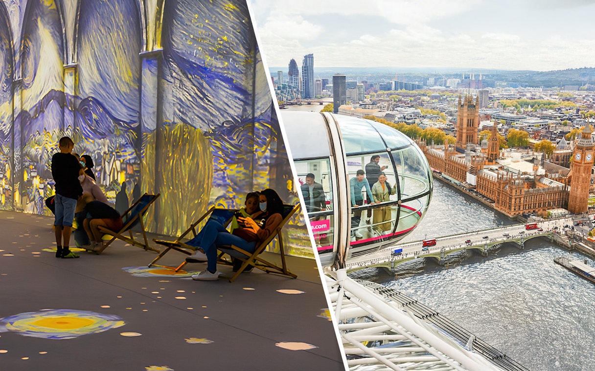 Guests at Van Gogh exhibition in London with London Eye view.