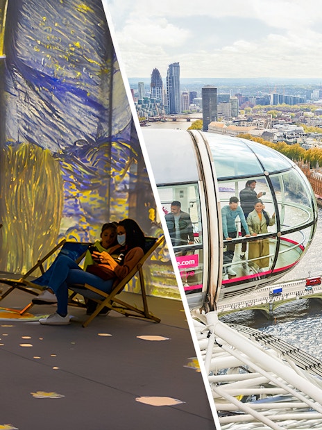 Guests at Van Gogh exhibition in London with London Eye view.
