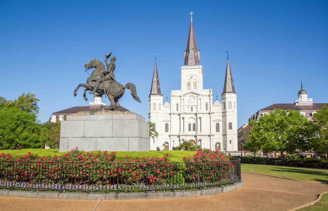 Jackson Square in New Orleans with St. Louis Cathedral in the background.
