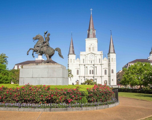 Jackson Square with Andrew Jackson statue and St. Louis Cathedral, New Orleans.
