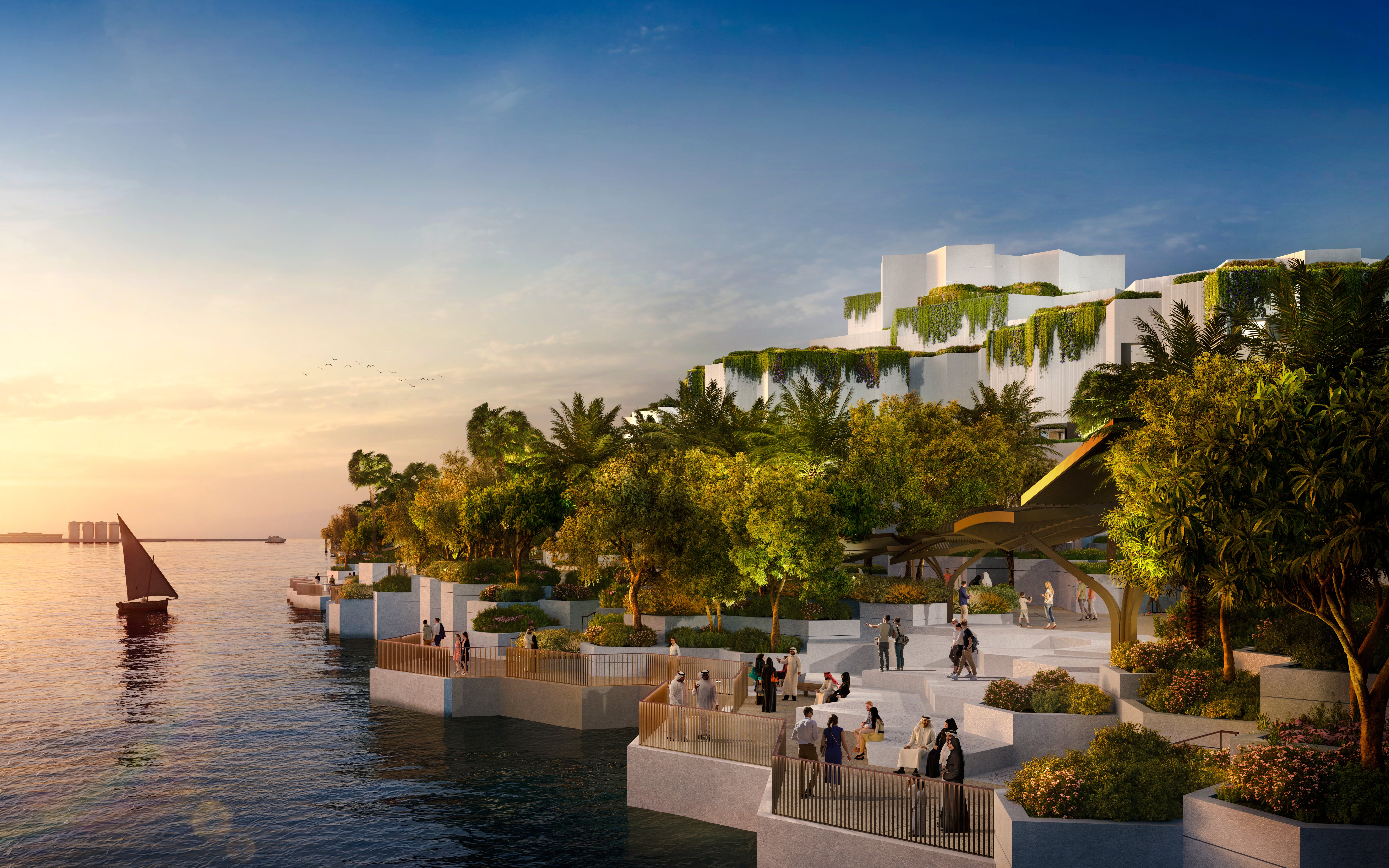 National History Museum Abu Dhabi exterior at sunset with waterfront and visitors.