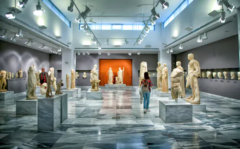 Statues and sculptures inside Heraklion Archaeological Museum, Crete, Greece.