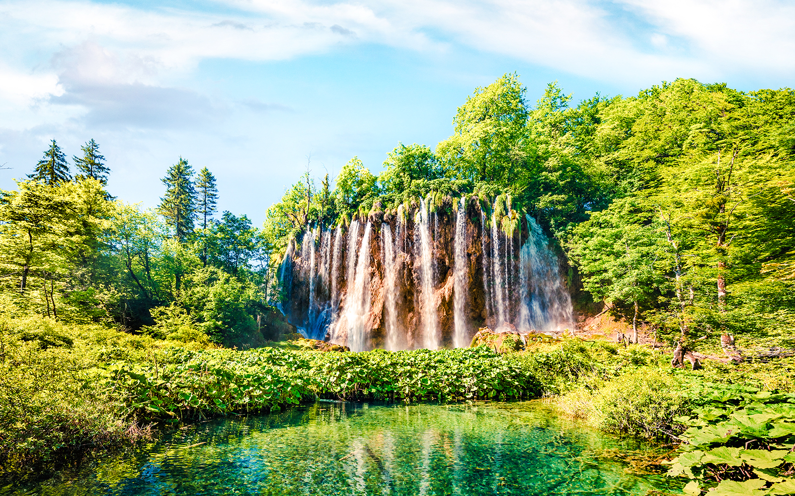 Waterfall cascading into a clear pool surrounded by lush greenery in Plitvice Lakes National Park.