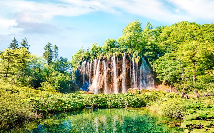 Waterfall cascading into a clear pool surrounded by lush greenery in Plitvice Lakes National Park.