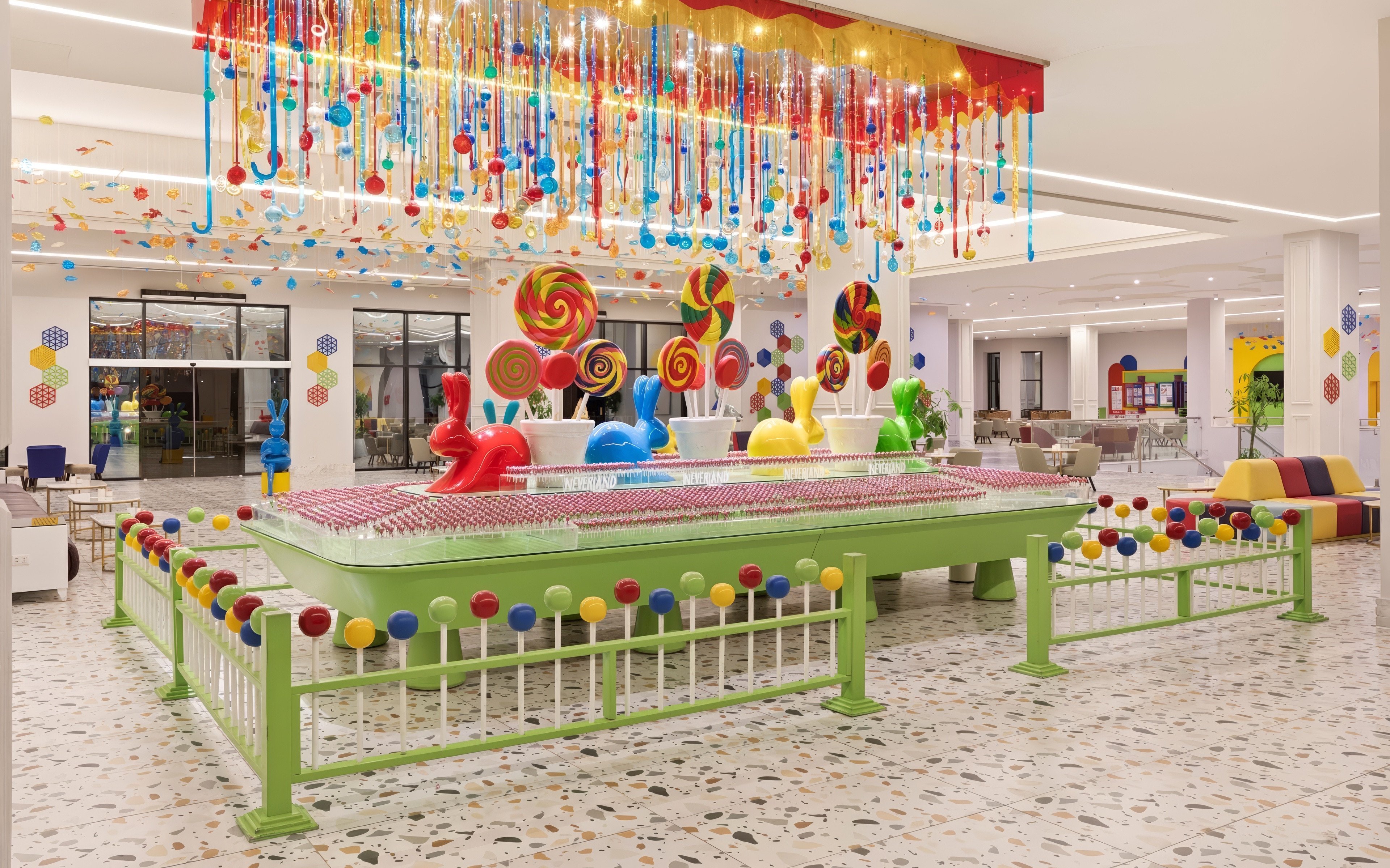 Colorful candy-themed decor in the lobby of Neverland Waterpark, Pickalbatros, Hurghada.