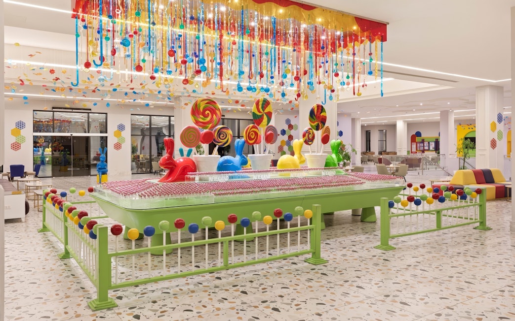 Colorful candy-themed decor in the lobby of Neverland Waterpark, Pickalbatros, Hurghada.