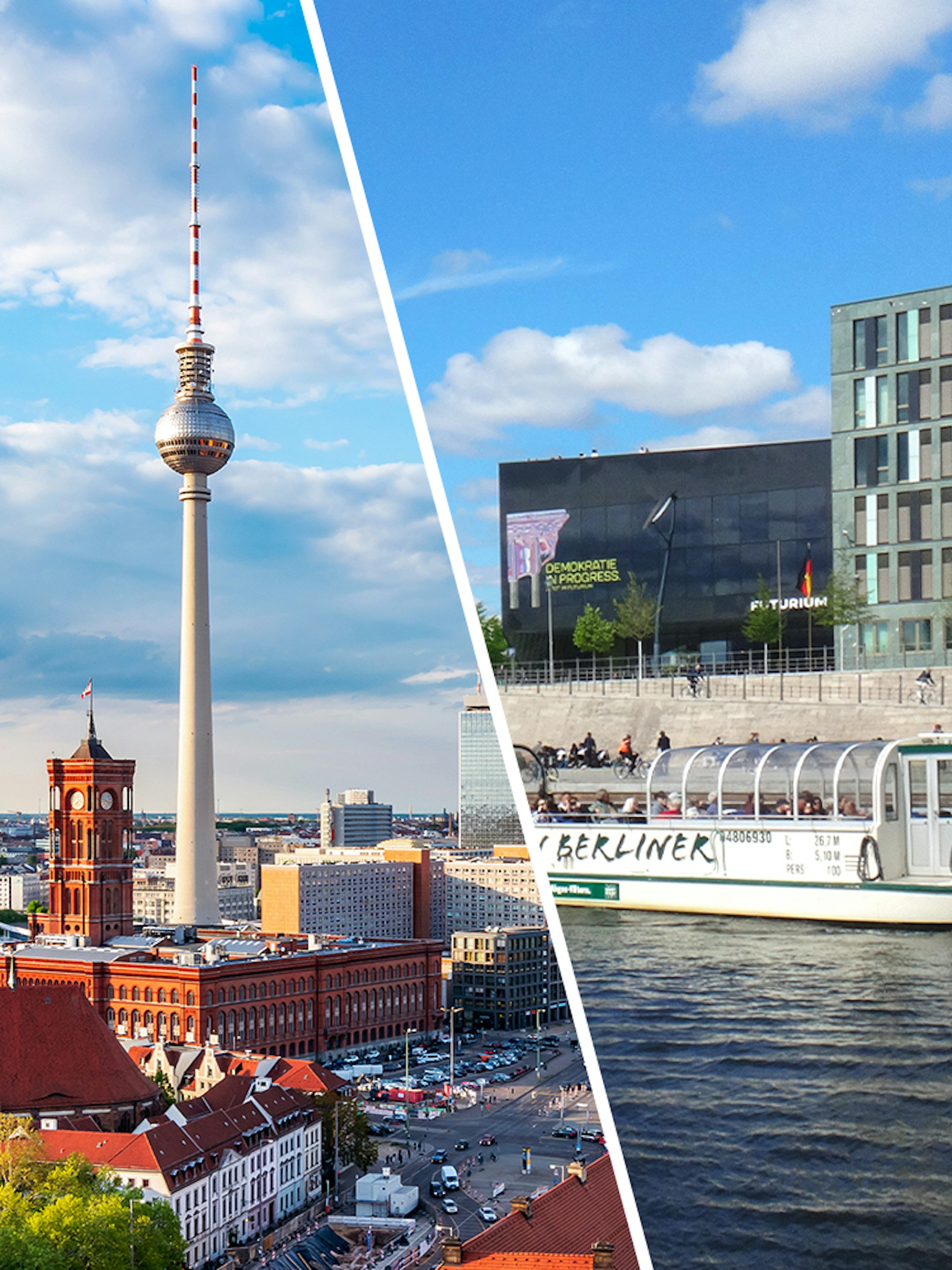 Berlin TV Tower and cityscape with guided cruise boat on the Spree River.