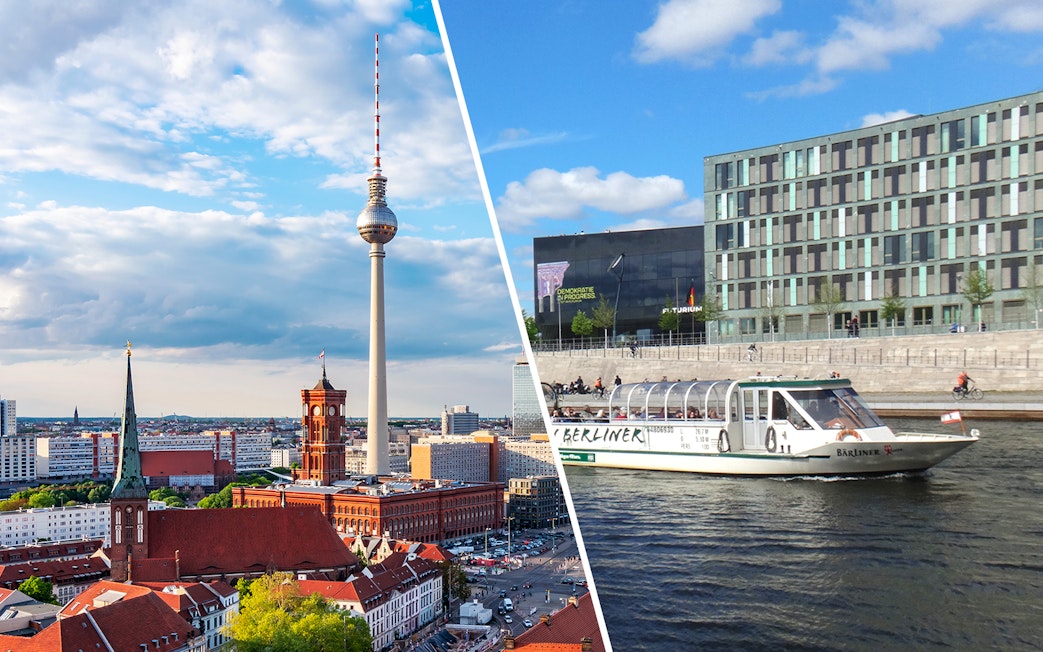 Berlin TV Tower and cityscape with guided cruise boat on the Spree River.