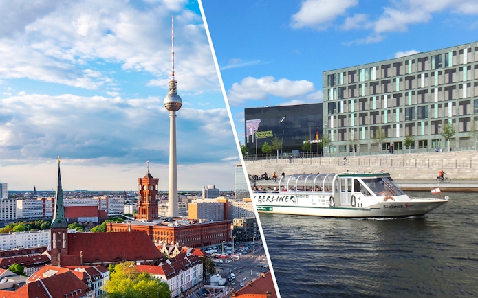 Berlin TV Tower and cityscape with guided cruise boat on the Spree River.