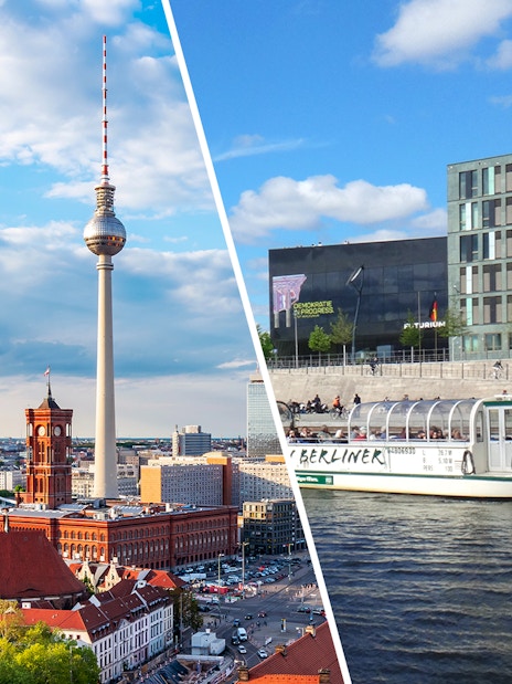 Berlin TV Tower and cityscape with guided cruise boat on the Spree River.