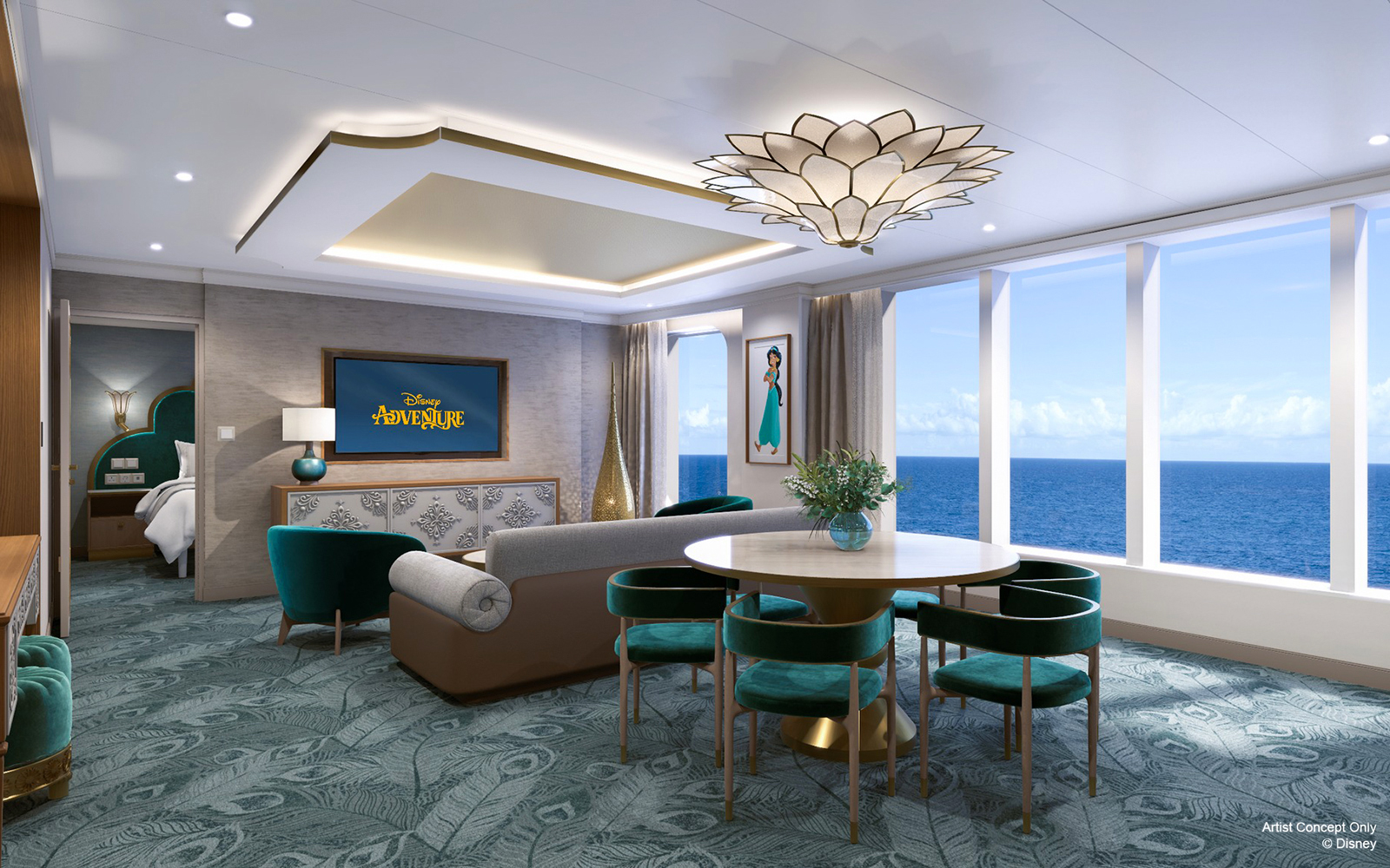 Concierge 1Bedroom Oceanview Suite on Disney Adventure Cruise with ocean view and elegant decor.