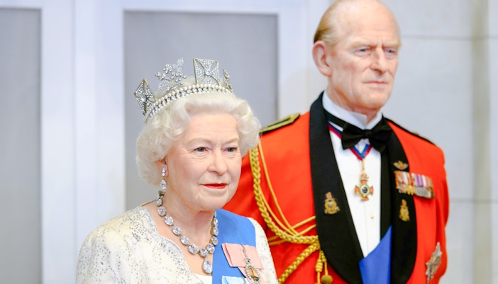 Wax figures of Queen Elizabeth II and Prince Philip at Madame Tussauds London.
