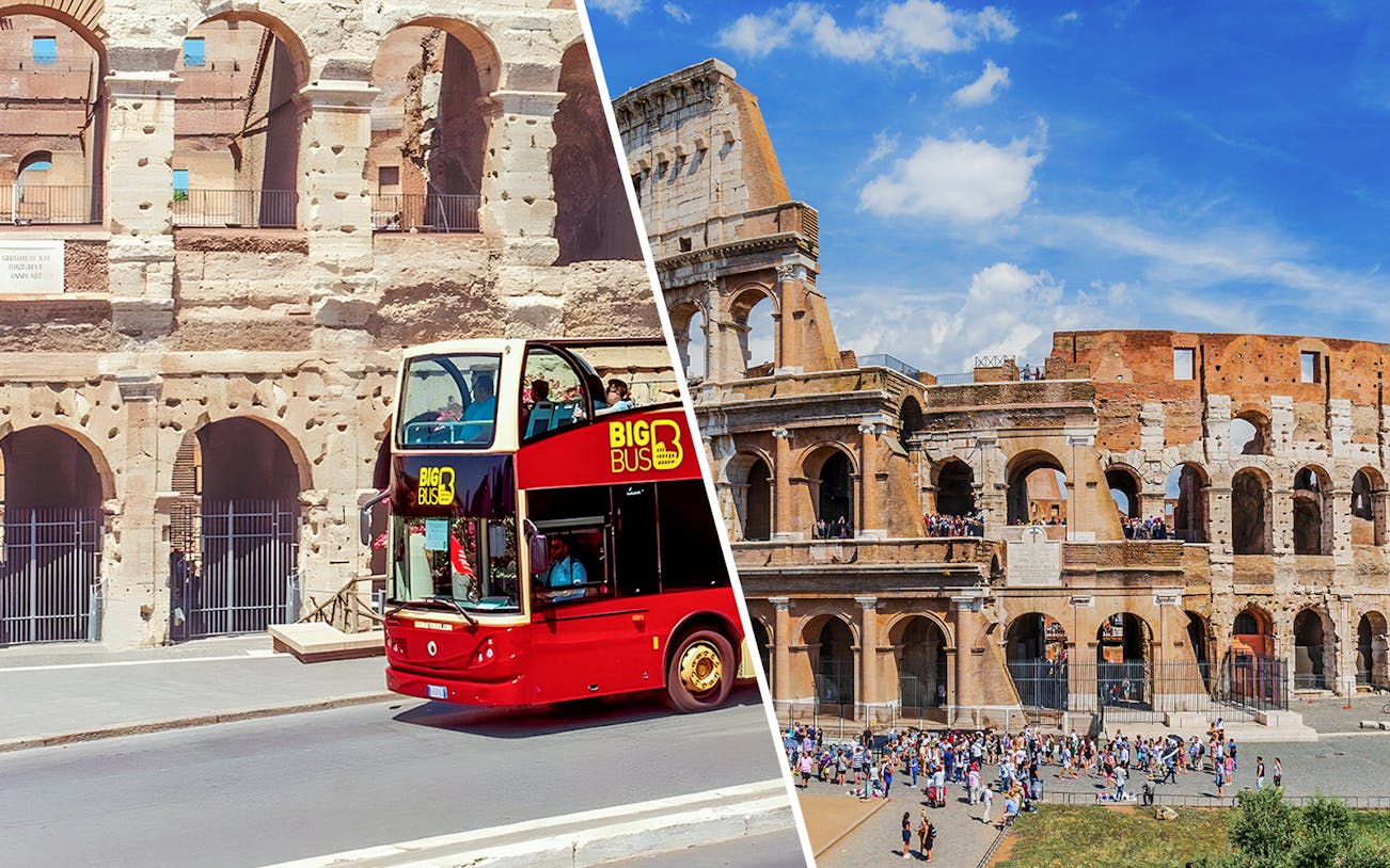 Red double-decker bus near the Colosseum in Rome, part of a hop-on hop-off tour.