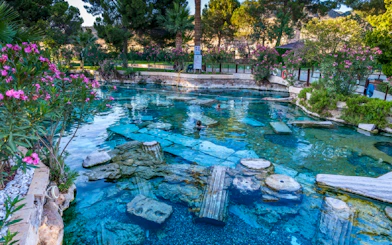 Ancient thermal pool with submerged ruins at Pamukkale, Turkey, surrounded by lush greenery.