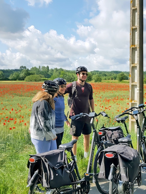 Cyclists with bikes near a poppy field on a sunny day.