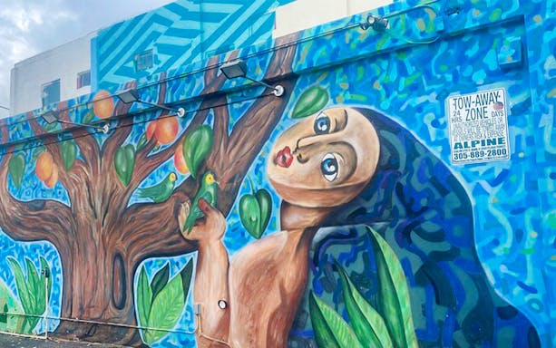 Mural of a figure with birds and a tree on Wynwood Walls, Miami, Florida.