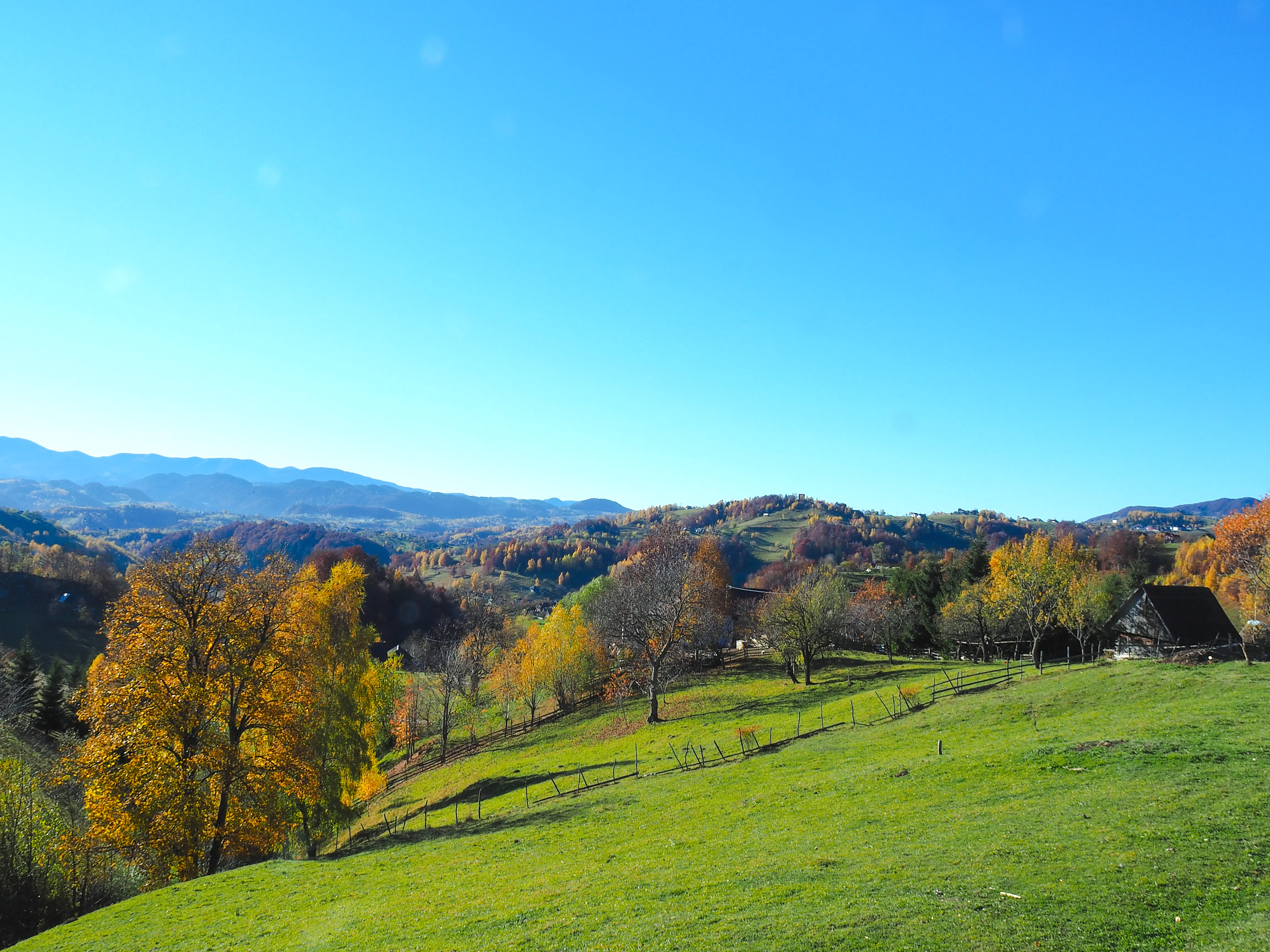 Mountain landscape with autumn trees and traditional houses in Romanian village near Brasov.