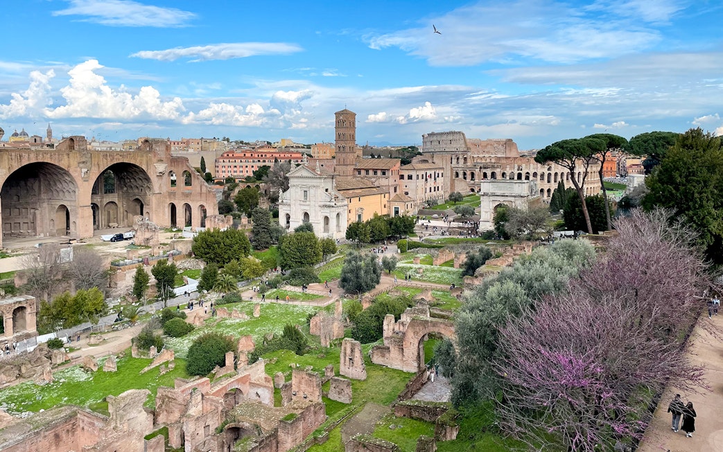Ancient ruins of Palatine Hill and Roman Forum in Rome with surrounding greenery.