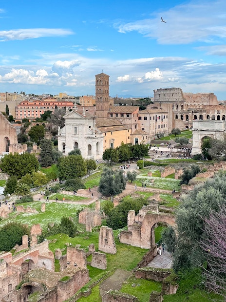 Ancient ruins of Palatine Hill and Roman Forum in Rome with surrounding greenery.