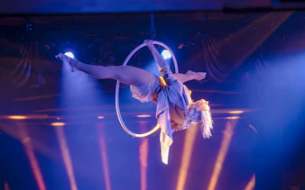 Aerial performer on hoop at Les Nuits de Lola Oh Cesar show in France.
