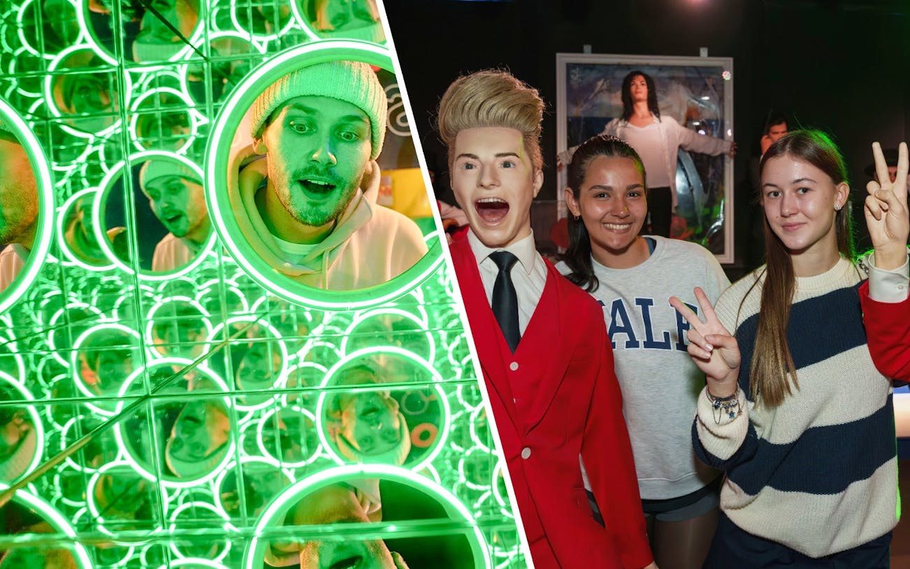 Guests exploring mirror illusions and posing with wax figures at the World of Illusion, Dublin.