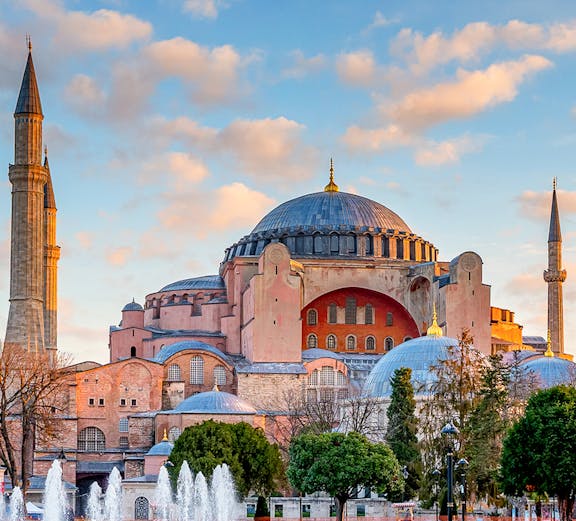 Hagia Sophia exterior with minarets and fountain, Istanbul, Turkey.