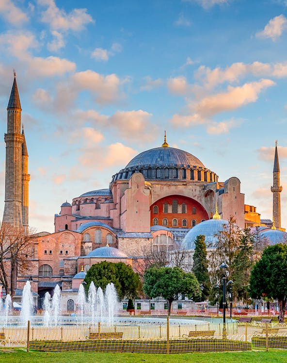 Hagia Sophia exterior with minarets and fountain, Istanbul, Turkey.